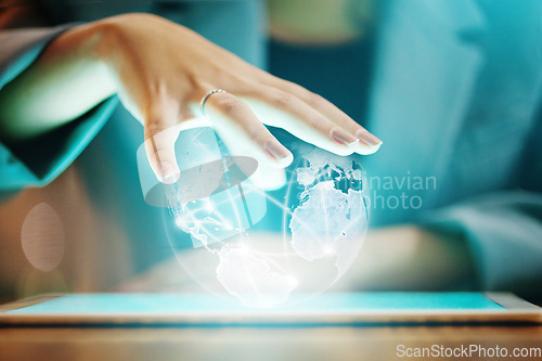 Image of Closeup, hand and woman with globe, hologram and futuristic communication, network and international innovation. Zoom, female and tablet with holographic icon, data analysis and global information