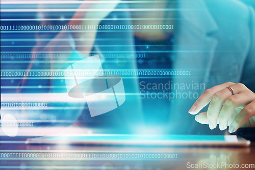 Image of Code hologram, business woman hand and tablet data of a it worker with coding and programmer work. Information technology graphic, digital cybersecurity overlay and 3d programming in a office on tech