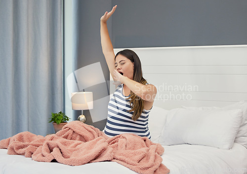 Image of Pregnant woman, tired and yawn in home bedroom with fatigue or insomnia. Person morning stretching for health and wellness during pregnancy with healthy and exhausted body while lazy, awake or sleepy