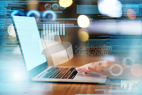 Image of Data overlay, coder hands and laptop of a it worker with crypto coding and programmer work. Information technology graphic, digital cybersecurity and 3d programming in a office on tech