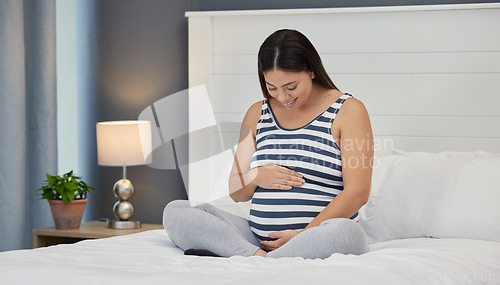 Image of Pregnant, bed and mother with hands on abdomen holding stomach for baby, infant and child affection at home. Pregnancy love, family and excited, loving and happy woman rest, relax and calm in bedroom