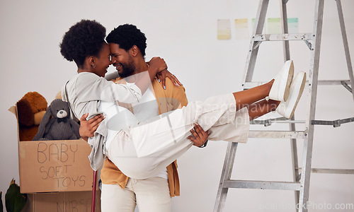 Image of Love, lifting or happy couple in home renovation, diy or house remodel together by apartment ladder. African lovers, partnership or black man with pregnant woman excited about baby or family property