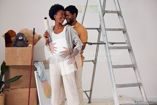 Image of Love, pregnancy or black couple hugging in home renovation, diy or house remodel together by apartment ladder. Forehead, partnership or African man with pregnant woman excited about baby or family