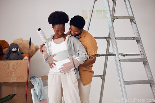 Image of Love, pregnancy or happy couple hugging in home renovation, diy or house remodel together by apartment ladder. African people, painting or black man with pregnant woman excited about baby or family