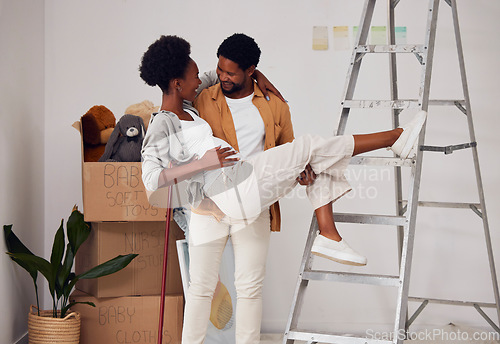 Image of Love, lifting or black couple in home renovation, diy or house remodel together by apartment ladder. Happy lovers, partnership or African man with pregnant woman excited about baby or family property