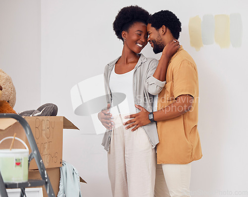 Image of Forehead, pregnancy or black couple embrace in home renovation, diy or house remodel together by apartment. Lovers, partnership or African man hugging pregnant woman excited about baby or new family