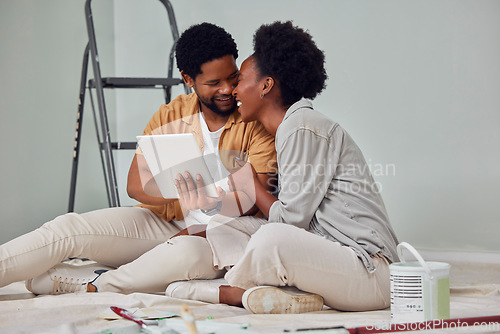 Image of Painting, tablet or black couple online shopping for home renovation, diy or house remodel together. Digital, ecommerce choices or African man on the internet with woman excited about family property