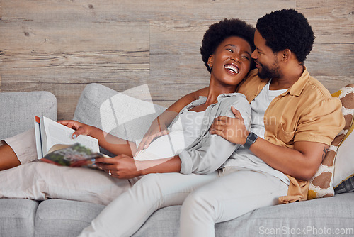 Image of Pregnant, black couple and reading book while talking and happy on lounge couch. Man and woman together excited for learning for pregnancy future, love and gynecology education for healthy lifestyle