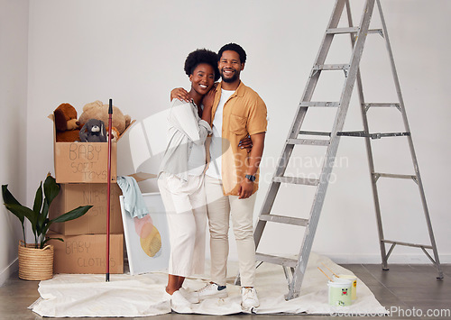 Image of Painting, portrait or home with a black couple in DIY, renovation or house remodel with a paintbrush or roller. Teamwork, partners or African man and pregnant woman excited about baby or family start