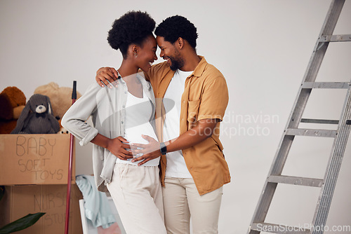 Image of Forehead, pregnancy or black couple hug in home renovation, diy or house remodel together by apartment ladder. Lovers, partnership or African man and pregnant woman excited about baby or new family