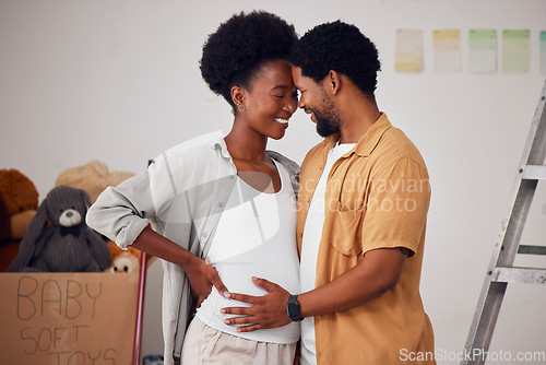 Image of Love, pregnancy or black couple hug in home renovation, diy or house remodel together by apartment ladder. Forehead, happy smile or African man and pregnant woman excited about baby or new family