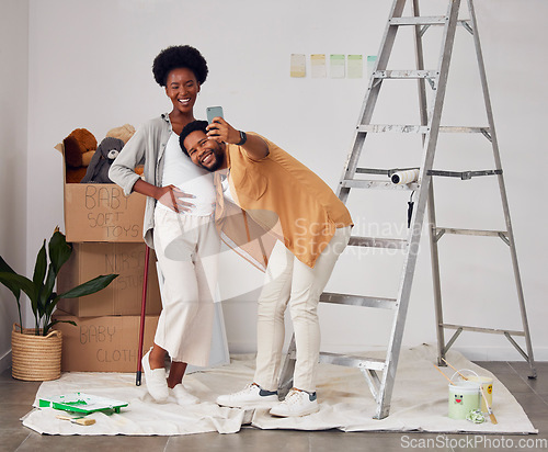 Image of Pregnancy, selfie or happy black couple in home renovation, diy or house remodel together by apartment ladder. Photo smile, family profile picture or African man with pregnant woman excited with baby