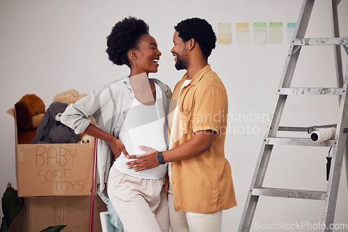 Image of Love, pregnancy or happy black couple in home renovation, diy or house remodel together by apartment ladder. Hugging, romantic smile or African man and pregnant woman excited about baby or new family