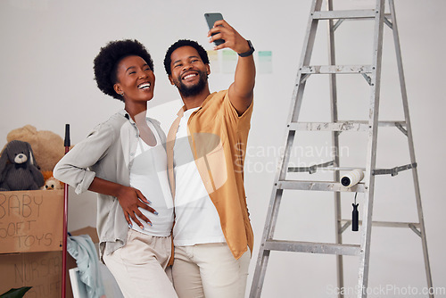 Image of Love, selfie or happy black couple in home renovation, diy or house remodel together by apartment ladder. Photo smile, profile picture or African man and pregnant woman excited about baby or family