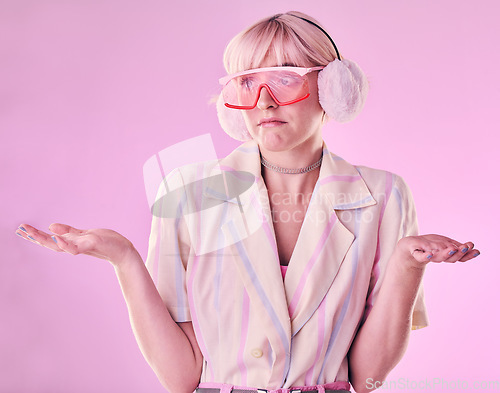 Image of Confused, question and woman shrugging shoulders with fashion, why and isolated in a studio pink background. Cool, model and female stylist with doubt, dont know hopeless gesture with mockup