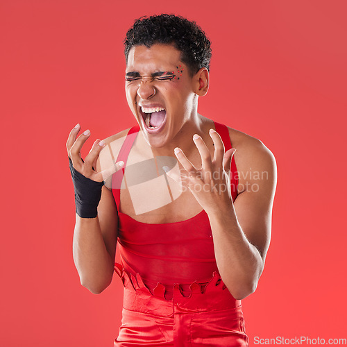 Image of Frustrated, black man and angry with shouting, gay and depression against studio background. African American male, queer and unhappy transgender person with anger, screaming and upset on backdrop