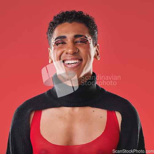 Image of LGBTQ, beauty portrait and black man isolated on red background for creative cosmetics, makeup and queer lifestyle. Young, edgy gen z model or gay person headshot for fashion and face art in studio