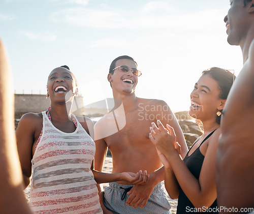 Image of Friends, laughing and bonding on sunset beach in social gathering joke, group vacation comedy or comic summer holiday. Smile, happy men and diversity women in travel party and funny sea storytelling