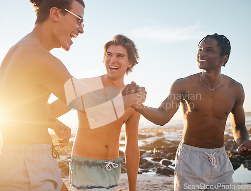 Image of Men, friends or handshake on sunset beach in energy game, community or excited freedom. Smile, happy or bonding shaking hands in travel vacation, social gathering laugh or diversity holiday fun