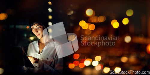 Image of Tablet, city and woman in night bokeh for information technology, fintech software and online finance app. Young person or worker on digital analytics for financial strategy, trading or stock market