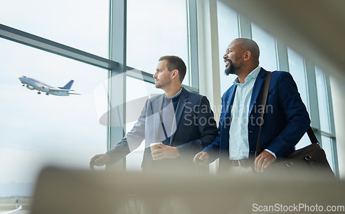 Image of Travel for business, team of men at airport for flight, conversation with conference or seminar. Diversity, partnership and looking out of window, professional trip for architecture convention