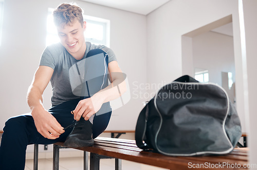 Image of Fitness, tying shoes and man in locker room for training, sports and gym workout. Exercise, health and start cardio with athlete and dressing sneakers for cardio, wellness or ready for practice