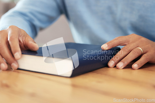 Image of Religion, christian and hands with a bible for education, prayer and hope. Peace, worship and man ready to start learning about Jesus, the church and God by studying a holy book for support and faith