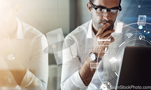 Image of Business man thinking, laptop icons and global network with digital transformation, overlay and hologram. Futuristic, ecommerce and wifi with cloud computing, 3D and mockup space and dashboard