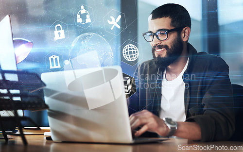 Image of Business, hologram and man with laptop, icons and connection for social media, typing and futuristic. Male employee, leader and manager with device, holographic and data analysis for communications