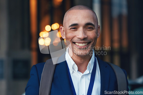 Image of Businessman, smile and portrait in city for corporate trading, executive management and happiness in Colombia. Happy young trader in urban street with motivation, professional mindset or outdoor face