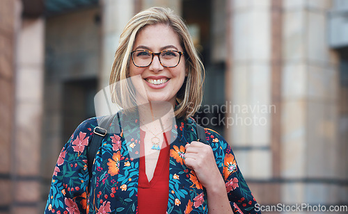 Image of Smile, travel and portrait of woman in city enjoy weekend, holiday and relax on vacation in England. Tourism mockup, freedom and face of happy female in urban town for adventure, explore and journey