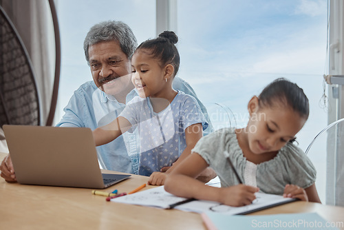 Image of Education, elearning and home school for kids with grandfather at a table for writing, lesson and online class. Distance learning, laptop and children with man in a living room, helping and bonding