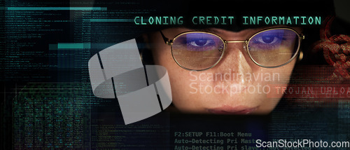 Image of Face, double exposure or serious woman for cloning information technology, futuristic software or cyber security network. AI, hacker or girl on tech dashboard, database phishing or fraud at night