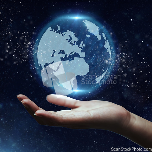 Image of Earth day, digital universe and hand with a planet for sustainability, environment and eco friendly. Support, care and person with a holographic world with a galaxy for connection and ecology