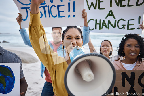 Image of Protest, climate change and black woman with megaphone, fight for freedom with voice, movement and environment rights. Politics, angry people on beach for activism and solidarity with saving planet