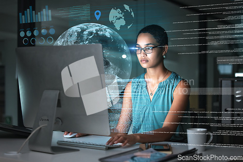Image of Computer hologram, global network and woman reading data analysis of earth communication, world networking or chart. Futuristic night overlay, planet ui hud or African media employee working overtime