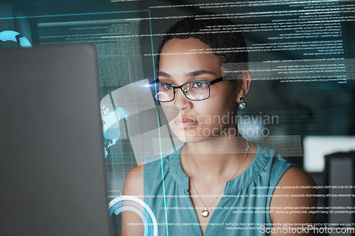 Image of Computer data analysis, hologram hud or woman reading global communication, networking info or research analytics. Network digital transformation, ui hud or African face focus on future night overlay
