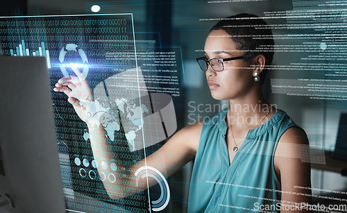 Image of Computer, hologram hud or woman point at global communication, networking info graph or research analytics. Network digital transformation, ui dashboard or African person work on future night overlay