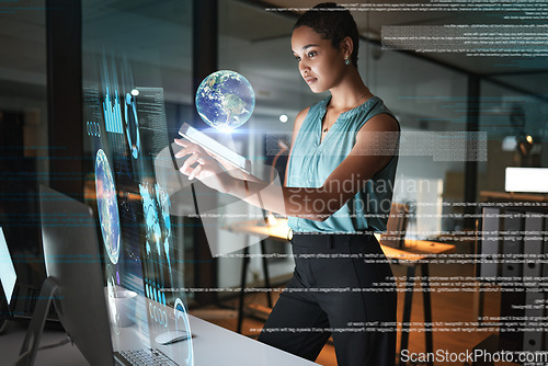 Image of Tablet, Earth hologram and computer woman review data analysis of global network, world communication or 3d globe. Futuristic night overlay, planet ui hud or African worker working on chart dashboard