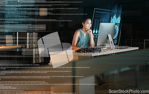 Image of Computer, hologram hud or person reading future administration dashboard, ui chart or cloud computing software. Digital transformation web, night overlay or black woman focus on fintech data analysis