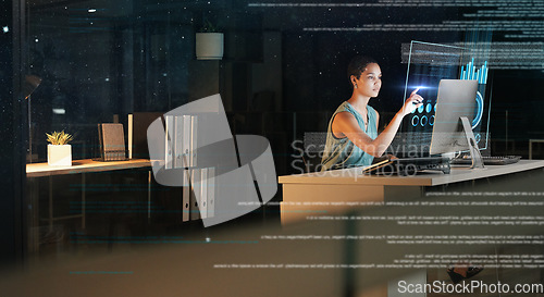 Image of Computer, hologram hud and office woman pointing at future dashboard, ui chart or administration software. Digital transformation, night overlay mockup and black woman focus on fintech data analysis