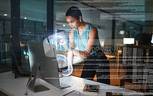 Image of Computer, hologram hud or business woman pointing at future administration ui, network research chart or graph. Digital transformation dashboard, night overlay or African person work on data analysis