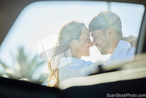 Image of Couple, love and hug in window for travel, road trip and adventure with car for transport outdoor. Happy face of man and woman with love, care and security on vacation, journey or holiday in summer