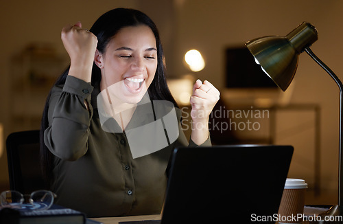 Image of Business woman, laptop and office with celebration, winning and success on stock market with smile. Happy employee, winner and girl celebrate for profit in crypto, global investment or trading online