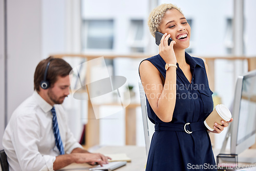 Image of Happy phone call, communication or woman in office for conversation, discussion and talking in New York. Smile, good news and callcenter girl on smartphone for speaking, networking or mobile device