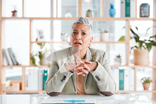 Image of Confused, surprised and portrait of a woman in business with shock for corporate results. Mistake, frustrated and mature professional employee with anger, stress and shocked at a problem at a company