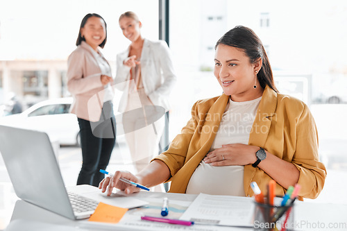 Image of Gossip, pregnancy shame or business people pointing at pregnant woman in office working on laptop. Colleagues in workplace bullying, employee victim exclusion or worker harassment and discrimination