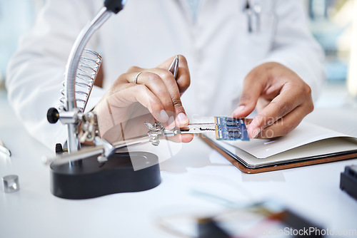 Image of Hands, microchip and engineering woman with magnifying glass of science, maintenance and laboratory research. Technician, computer chip and hardware parts for electrical analysis of cpu investigation