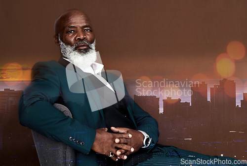 Image of Rich black man, CEO and serious, portrait and leadership, power and and senior with urban overlay. Double exposure, relax with professional male and wealth with status, confidence and mockup space