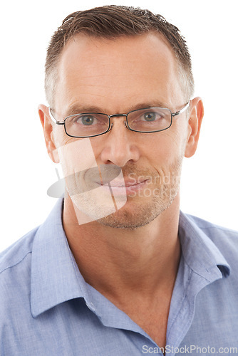 Image of Portrait, glasses and vision with a mature man in studio isolated on a white background for eyecare or optometry. Face, eyewear and eye exam with a handsome male at the optometrist or optician